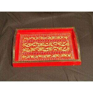 Hand Painted Indian Wooden Tray – Red Floral Folk Art Decor